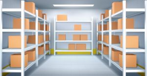 "Cold room in the warehouse with cardboard boxes on racks. realistic interior of industrial storage with shelves, tiled walls, and floor. refrigerator chamber in factory, store or restaurant